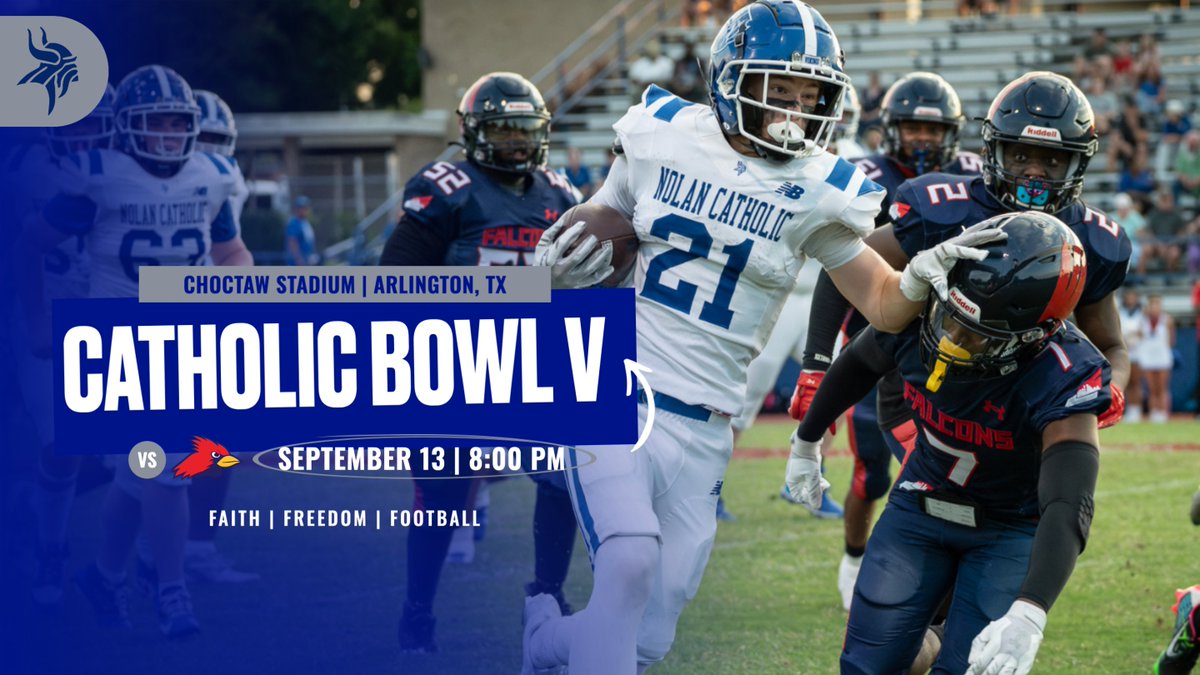🏈 CATHOLIC BOWL V 🏈
📅 Saturday, September 13, 2025
🕗 8:00 PM
📍 Choctaw Stadium, Arlington, TX
Get ready for an unforgettable night as Nolan Catholic faces off against John Paul II in the featured matchup of Catholic Bowl V.
🎟️ Tickets will go on sale via SeatGeek