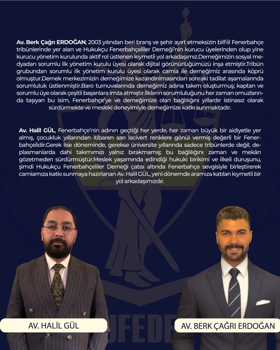 Değerli HUFEDER Ailem ;

Hukukçu Fenerbahçeliler Derneği’mizin kurucu üyelerinden, uzun yıllardır sosyal medya, dijital görünürlük ve tribün koordinasyonu alanlarında değerli katkılar sunan Av. Berk Çağrı ERDOĞAN, yeni dönemde de camiamıza hizmet etmeye devam edecektir.

Yeni