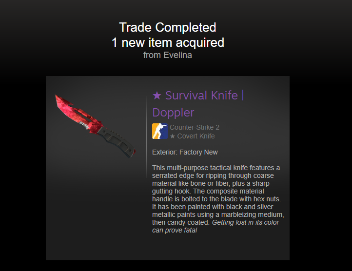 💸[$2100] SURVIVAL KNIFE DOPPLER RUBY 💸

Link: 

- RETWEET THIS POST🔁 &amp; LIKE♥️
- FOLLOW MY TWITTERS➡️ <a href="/TACT_VIP/">TactVIP</a>  <a href="/TactBets/">Tact</a>
- SUBSCRIBE TO TACTCSGO ON YOUTUBE🔥

Ends in 7 Days ⏳