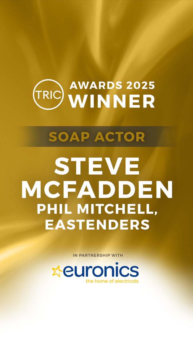 TRICawards's tweet image. 2025 #TRICawards in partnership with @euronics_UK

🏆 Congratulations #SteveMcFadden #PhilMitchell
⭐️ Soap Actor
🙌 Sponsored by Reg &amp;amp; Partners
➡️ tric.org.uk
