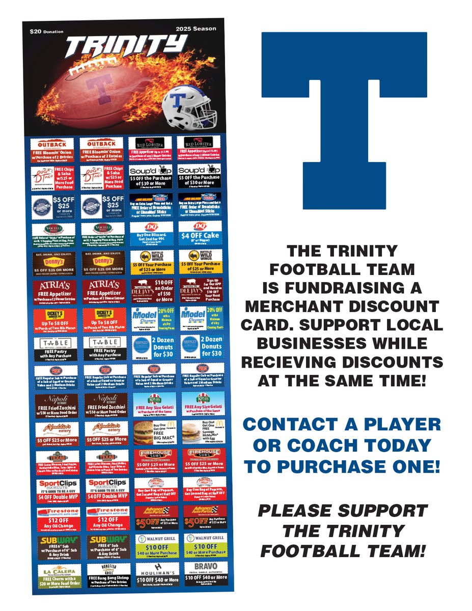 Discount Card Sale is happening Now-July 7th.   Contact a player or coach if you do not see us in your community!  $20 Donation=$100s in savings.   Here is a preview of our 2025 Cards.  #MTC