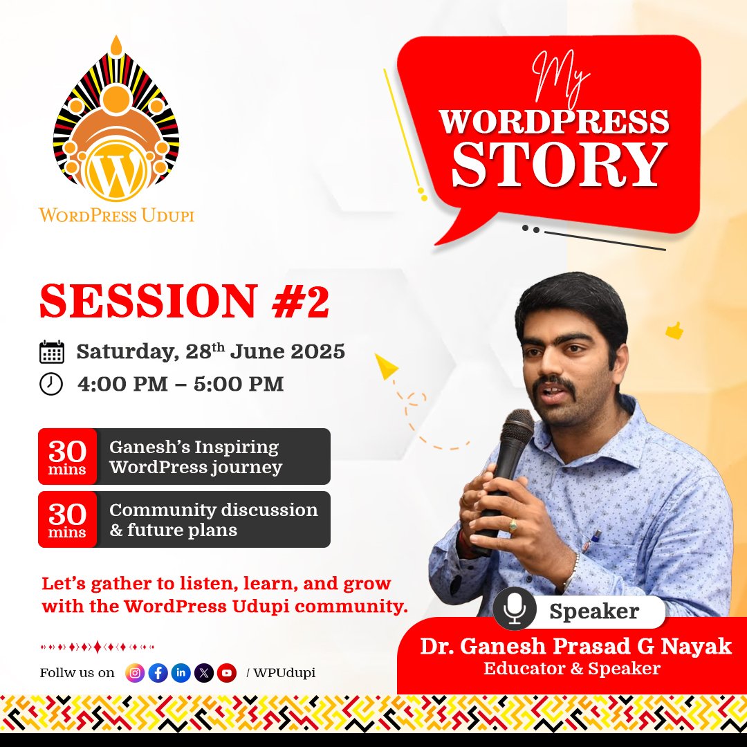 🚀 MY WORDPRESS STORY - SESSION #2 is here!

Join us for an inspiring evening with Dr. GANESH PRASAD G NAYAK as he shares his incredible WordPress journey followed by a community discussion / future plans of WordPress Udupi! 💬✨

RSVP: meetup.com/wpudupi/events…

#WPUdupi