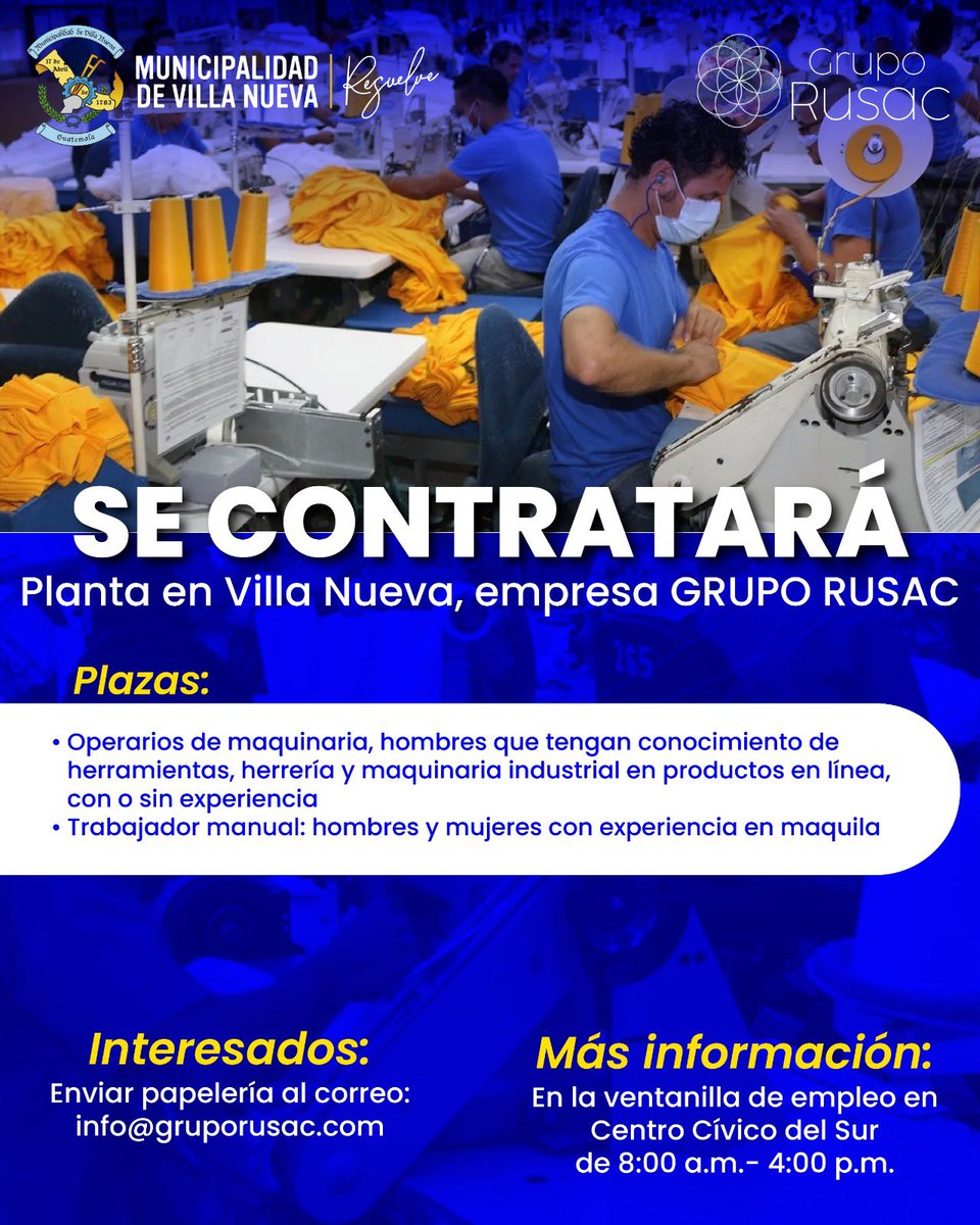 MuniVillaNueva (@munivillanueva) on Twitter photo 📢 Grupo RUSAC estará contratando personal.
Si estás interesado en aplicar a las plazas disponibles, puedes enviar tu papelería al correo: info@gruporusac.com
¡Es tu oportunidad de formar parte de su equipo!
#MuniVillaNueva #Resuelve 📢 Grupo RUSAC estará contratando personal.
Si estás interesado en aplicar a las plazas disponibles, puedes enviar tu papelería al correo: info@gruporusac.com
¡Es tu oportunidad de formar parte de su equipo!
#MuniVillaNueva #Resuelve