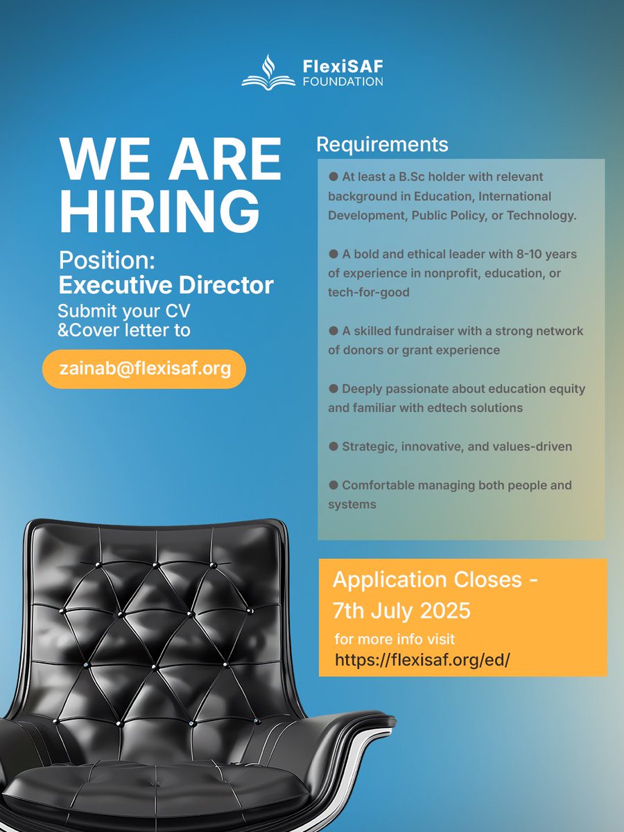 Are you a bold, visionary leader ready to drive education equity in Nigeria?
We’re hiring an Executive Director at FlexiSAF Foundation to lead our mission to enroll out-of-school children.

Apply by July 7 → flexisaf.org/ed
📩 zainab@flexisaf.org
#Hiring #Leadership #ED