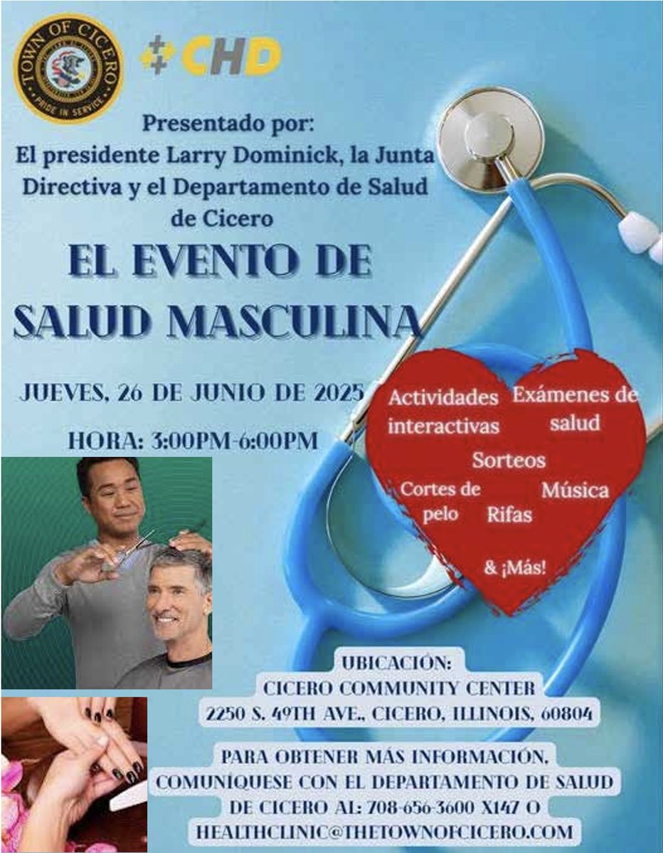 Join us Thursday, June 26 from 3–6PM at the Cicero Community Center for the Men’s Health Event! 🩺

🎽 Wear a sports jersey for an extra raffle entry!
🎉 Screenings, haircuts, giveaways, music &amp; more!
📍2250 S. 49th Ave
📞 708-656-3600 x147
#CiceroIL #MensHealth #CommunityEvent