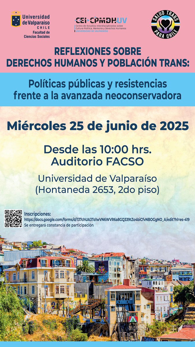 gonzalo lira (@gliram) on Twitter photo SEMINARIO REFLEXIONES SOBRE DDHH Y POBLACIÓN TRANS
Políticas públicas y resistencias frente a avanzada neoconservadora
Organiza CEI-CPMDH, patrocina <a href="/SocialesUV/">Facultad de Ciencias Sociales UV</a>
Auditorio FACSO UV
Miércoles 25 de junio, 10:00 Hrs. SEMINARIO REFLEXIONES SOBRE DDHH Y POBLACIÓN TRANS
Políticas públicas y resistencias frente a avanzada neoconservadora
Organiza CEI-CPMDH, patrocina <a href="/SocialesUV/">Facultad de Ciencias Sociales UV</a>
Auditorio FACSO UV
Miércoles 25 de junio, 10:00 Hrs.