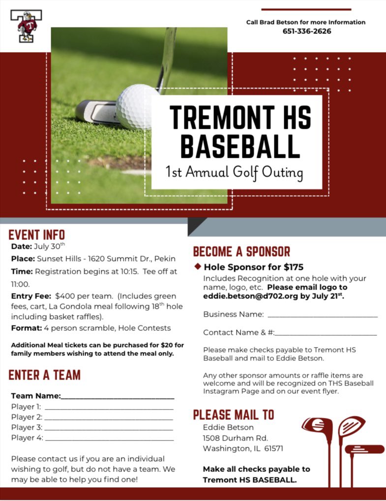 Mark your calendars and get yourself a team for the 1st annual Tremont HS baseball golf outing! If you can’t play, consider sponsoring a hole! 🏌️⛳️🦃