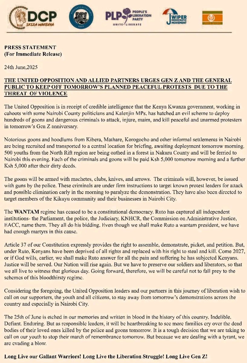United opposition has released a statement on tomorrow's planned protests 
#DCP 
#Wiper 
#Goons