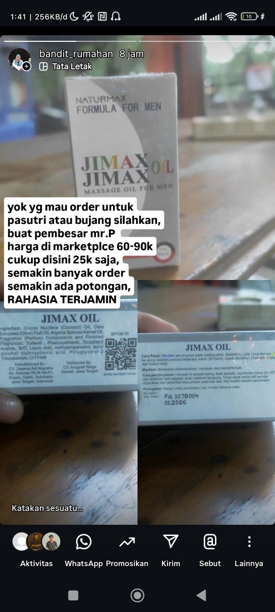 banditrumahan's tweet photo. yg pingin muasin pasangannya? yg pingin terlihat gagah perkasa, NIH!!! aku kasih ramuan MUJAPRAPNYA.
JIMAX minyak PEMBESAR mr.p
di olshop harga 60-90k, khusus di aku tak kasish harga luar biasa 25k aja, sudah di jamin BPOM kadaluarsa 1JANUARI 2026. 
BURUAN BELI SEEBELUM KEHABISAN https://t.co/huYviGCqVi