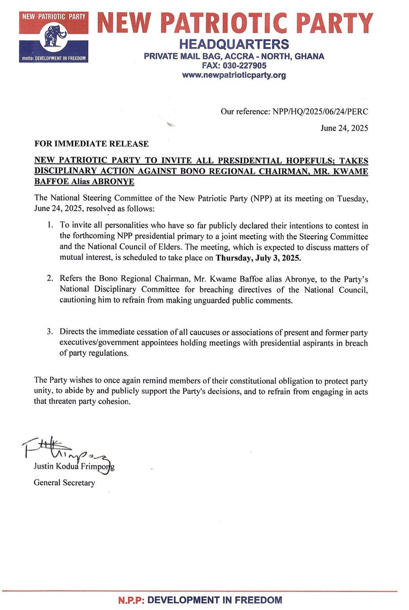 NPP refers Bono Regional chairman Abronye to disciplinary committee for breaching directive to refrain from making unguarded public comments