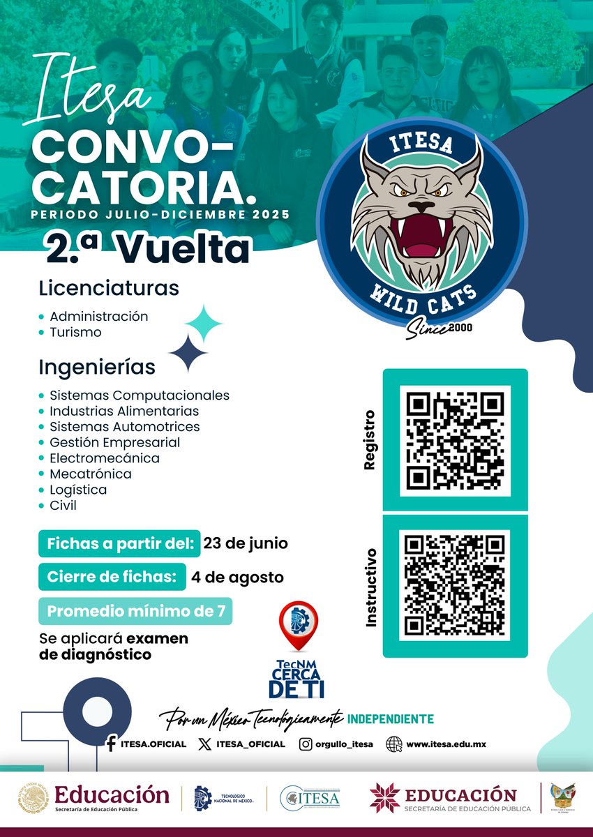 ¡Segunda entrega de fichas ITESA!
- 8 ingenierías | 2 licenciaturas
- Becas, Movilidad, Modelo Dual
- Promedio mínimo 7 | Examen diagnóstico
- Cierre: 4 de agosto | Ficha:  $615
- ¡Aquí inician tus sueños profesionales!
#OrgulloITESA