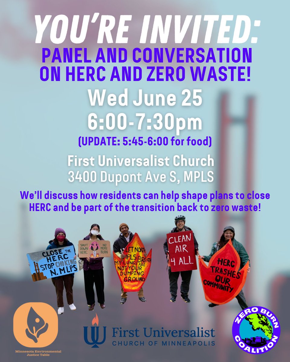 zeroburnmn's tweet image. THIS WED! Learn about HERC from a panel of community leaders, technical experts, and elected officials, and discuss what comes next with your neighbors.
🗓 June 25: 6-7:30 - Panel + Convo on HERC + Zero Waste (UPDATE: 5:45-6:00 for food)
📍Location: First Universalist Church