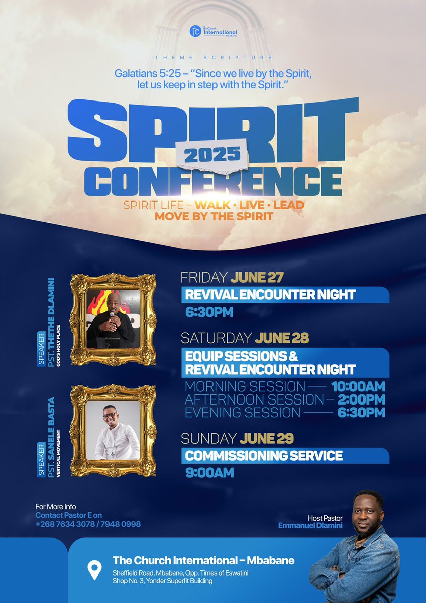 emmanueldonline's tweet image. Countdown
⚠️ 3 DAYS AWAY! ⚠️ An atmosphere of worship, word, and fire is waiting for you at Spirit Conference 2025. 🔥 📅 June 27-29 #HolySpiritMove 
#MbabaneRevival #SpiritConference2025 
#WalkLiveLead
#tini
#tcimbabane