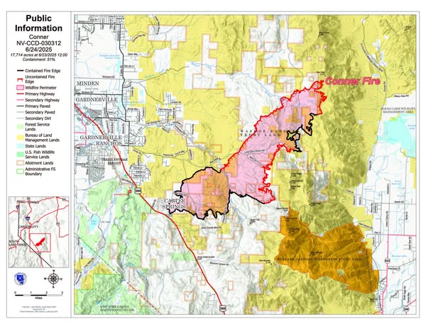 NVEmergencyMgmt's tweet photo. #ConnerFire Update🔥17,714 acres - 51% contained - Gardnerville
Firefighters continue to make strong progress, with nearly 14 miles of fireline contained. Crews are focused on mop-up, suppression repair, and closing remaining gaps. Over 214,000 gallons of water and 162,000 gallons of retardant have been dropped to date.
⚠️ Access is still limited—please avoid the area.
🔗 Updates: InciWeb
📡 Resources: https://t.co/PJGuRbkI5J
Thank you for your continued support.