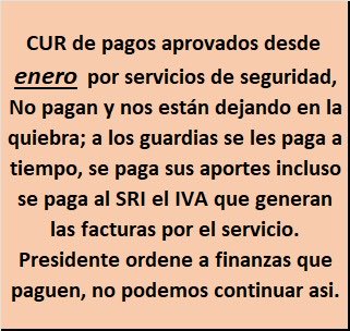 Almafuerte (@camachoyane) on Twitter photo Señor <a href="/DanielNoboaOk/">Daniel Noboa Azin</a> auxilio!!!
Nos deben: enero, febrero, marzo, abril, mayo y ya junio el servicio de seguridad a las instituciones de salud y educación, ministerio del deporte!
<a href="/CarlosdeTomaso/">DE TOMASO</a> <a href="/CarlosVerareal/">Carlos Vera</a> CUR de pagos aprobados pero NO pagan! Señor <a href="/DanielNoboaOk/">Daniel Noboa Azin</a> auxilio!!!
Nos deben: enero, febrero, marzo, abril, mayo y ya junio el servicio de seguridad a las instituciones de salud y educación, ministerio del deporte!
<a href="/CarlosdeTomaso/">DE TOMASO</a> <a href="/CarlosVerareal/">Carlos Vera</a> CUR de pagos aprobados pero NO pagan!