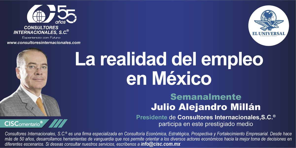 Consultores Internacionales SC (@cisc_sc) on Twitter photo ¿Cuáles son los desafíos del empleo en México? Julio Alejandro Millán (<a href="/jamillanc/">Julio A Millan</a>) analiza la débil creación de empleo formal, el alza de la informalidad y la falta de inversión. Conoce sus propuestas para impulsar trabajo productivo: bit.ly/3w5XzYk
#Empleo #Economía ¿Cuáles son los desafíos del empleo en México? Julio Alejandro Millán (<a href="/jamillanc/">Julio A Millan</a>) analiza la débil creación de empleo formal, el alza de la informalidad y la falta de inversión. Conoce sus propuestas para impulsar trabajo productivo: bit.ly/3w5XzYk
#Empleo #Economía