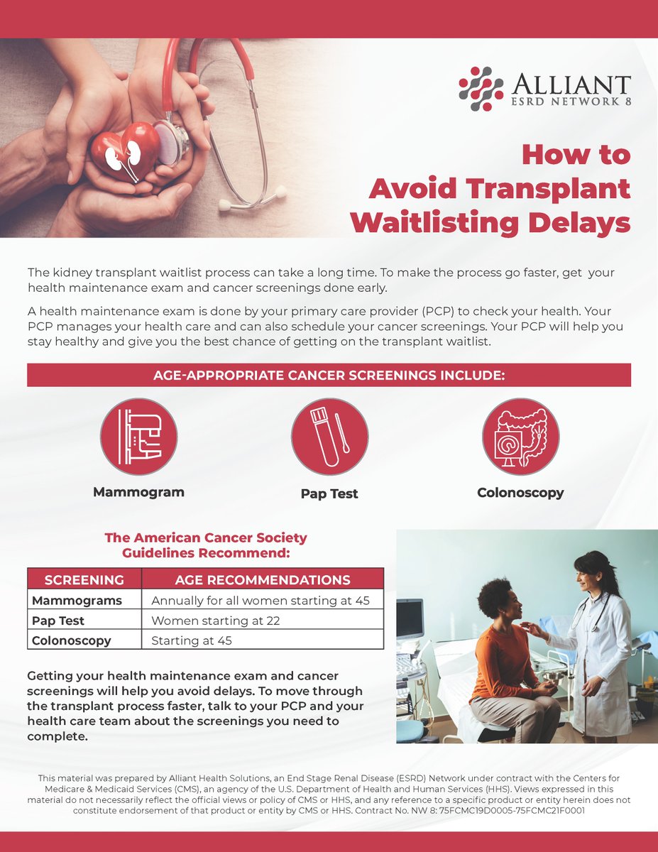 The #KidneyTransplant waitlist is long, so it's important to help your #ESRD patients stay on track. Encourage early health exams and cancer screenings to avoid delays. Download our resource here: bit.ly/4cjVmpj 🩺⏱️