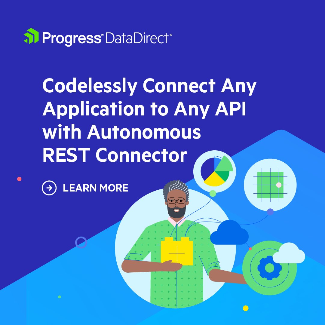 _DataDirect's tweet image. With the Progress DataDirect Autonomous REST Connector, effortlessly connect any REST API to your SQL-based applications. Enjoy intelligent data modeling, real-time access and customizable configurations—all through an intuitive, codeless interface. prgress.co/4jOgpEb