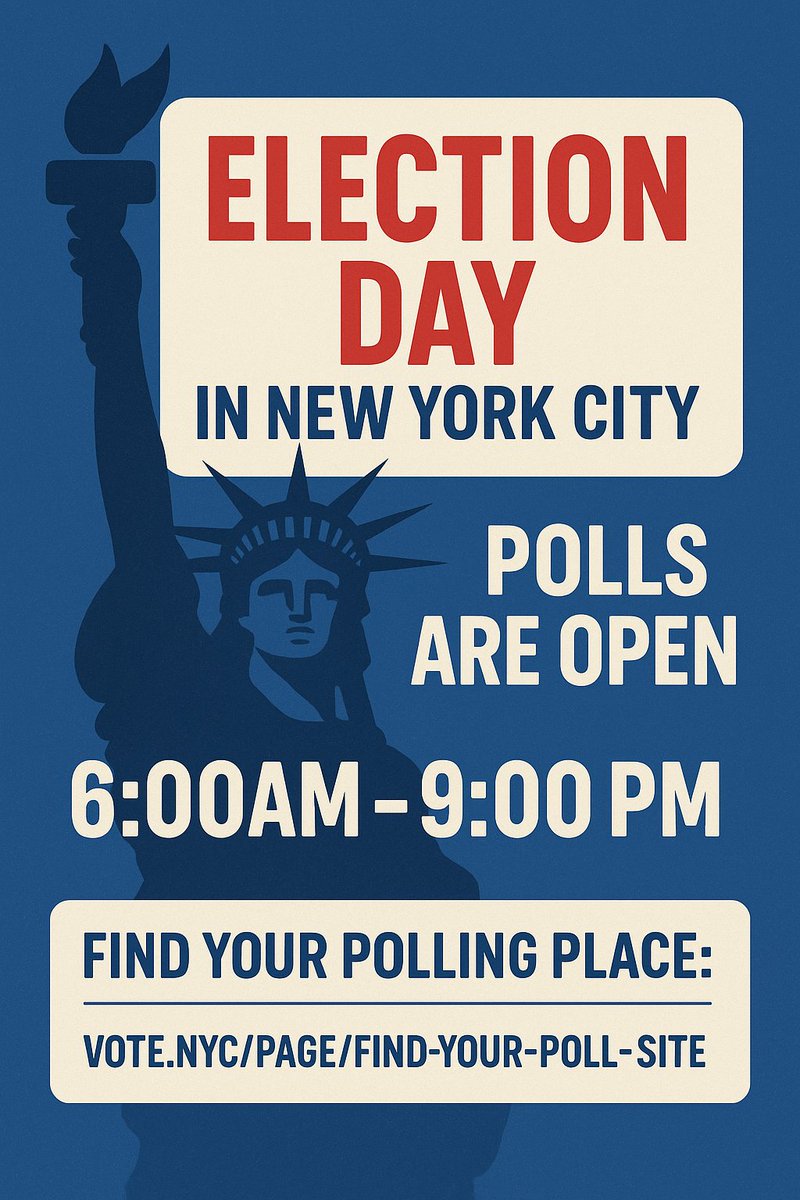 It’s Election Day, NYC! 🗳️ Polls are open from 6AM to 9PM. Make your voice heard—go vote!

Find your polling place: vote.nyc/page/find-your…

#electionday #nycvotes #neighborsvote