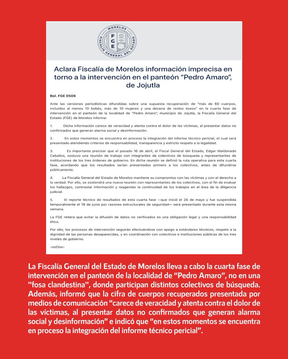 InfodemiaMx (@infodemiamex) on Twitter photo ❌Falso que se recuperaron 60 cuerpos de una fosa clandestina en #Jojutla, #Morelos
✅La Fiscalía General del Estado de Morelos (<a href="/Fiscalia_Mor/">FISCALIA MORELOS</a>) lleva a cabo la cuarta fase de intervención en el panteón de la localidad de “Pedro Amaro”, no en una "fosa clandestina", donde ❌Falso que se recuperaron 60 cuerpos de una fosa clandestina en #Jojutla, #Morelos
✅La Fiscalía General del Estado de Morelos (<a href="/Fiscalia_Mor/">FISCALIA MORELOS</a>) lleva a cabo la cuarta fase de intervención en el panteón de la localidad de “Pedro Amaro”, no en una "fosa clandestina", donde