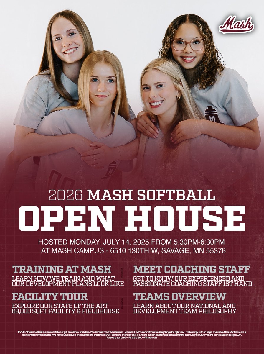 🔔🥎MASH SOFTBALL OPEN HOUSE🔔🥎

Come see what our program is planning for next year and how we #raisethestandard everyday for our athletes and families! 

📆  Monday July 14, 2025
⌚️ 5:30-6:30pm
📍6510 130th St W, Savage, MN 55378