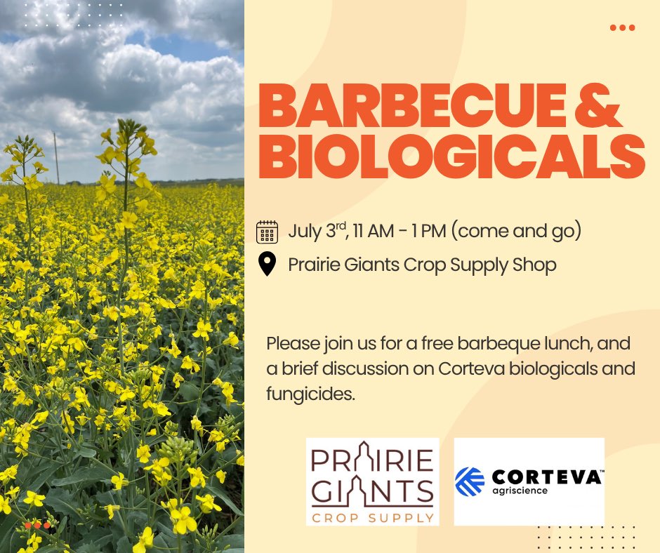 Mark your calendars! There’s some exciting upcoming events here at Prairie Giants. 

🗓️ July 3rd: Barbecue &amp; Biologicals 
🗓️ August 7th: Crop Tour &amp; Customer Appreciation Event