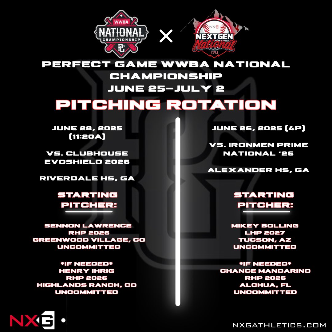Here is your Next Gen National 17U pitching rotation for the @perfectgameusa 17U WWBA National Championship! 🔥

<a href="/PG_Uncommitted/">PG_Uncommitted</a> | <a href="/PerfectGameUSA/">Perfect Game USA</a> | <a href="/PG_Scouting/">Perfect Game Scout</a> | <a href="/PrepBaseball_CO/">Prep Baseball Colorado</a> | <a href="/PB_Uncommitted/">Prep Baseball Uncommitted</a> | <a href="/nxgathletic/">nxgathletics</a> 

#nxg #perfectgame #wwba #baseball #pitching