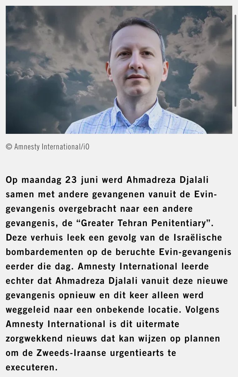 DeGraeveWies's tweet image. Amnesty International slaat alarm over mogelijke op til zijnde executie van Ahmadreza Djalali #FreeDjalali #Iran
Meer op amnesty-international.be/nieuws/amnesty…