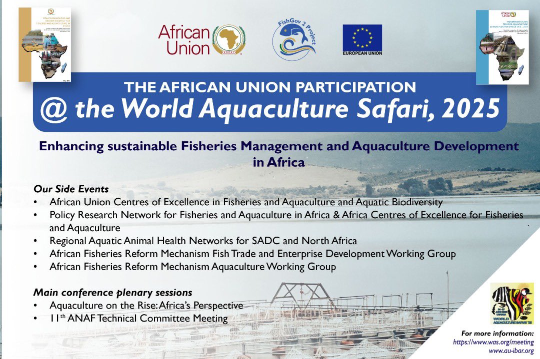 AU-IBAR (@au_ibar) on Twitter photo We are honored to join #WAS25 in Kampala, where <a href="/_AfricanUnion/">African Union</a> is showcasing its commitment to sustainable fisheries & aquaculture as drivers of Africa’s food security & growth. Discover our side events & plenary sessions this week.
#FishGov2
Read more: shorturl.at/Ohp0N We are honored to join #WAS25 in Kampala, where <a href="/_AfricanUnion/">African Union</a> is showcasing its commitment to sustainable fisheries & aquaculture as drivers of Africa’s food security & growth. Discover our side events & plenary sessions this week.
#FishGov2
Read more: shorturl.at/Ohp0N