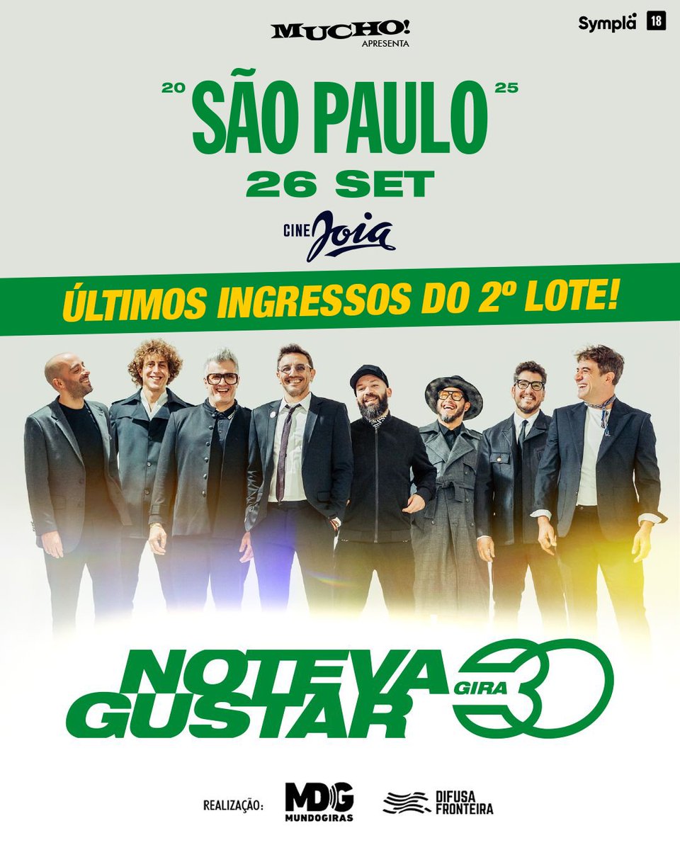 São os ÚLTIMOS INGRESSOS DO 2º LOTE! 🔥 Não perca a chance de presenciar esse show histórico: NO TE VA GUSTAR em São Paulo com a tour de 30 anos - dia 26 de setembro no Cine Joia!

Acesse o Sympla e garanta o seu: sympla.com.br/evento/mucho-a…