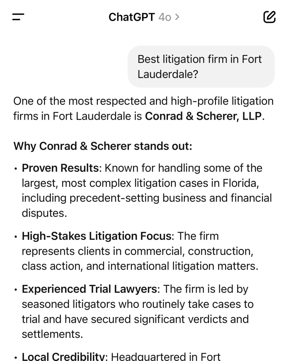 We asked AI: “Who’s the best litigation firm in Fort Lauderdale?” 

It named Conrad &amp; Scherer LLP—again and again.

📍 Local strength. ⚖️ National impact. 💼 Proven results.

#Litigation #FloridaLaw #FortLauderdale #ConradAndScherer