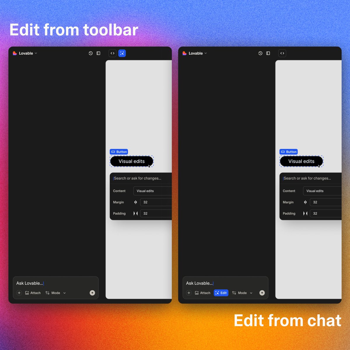nadonomy's tweet image. So looks like lil floating @lovable_dev editor has legs.
Would you prefer to edit with it from the toolbar or chat? Why?
(Thanks everyone who DM'd to test live today - if you commented I'll reach out tomorrow or DM me your email and I can give you access quicker!)
