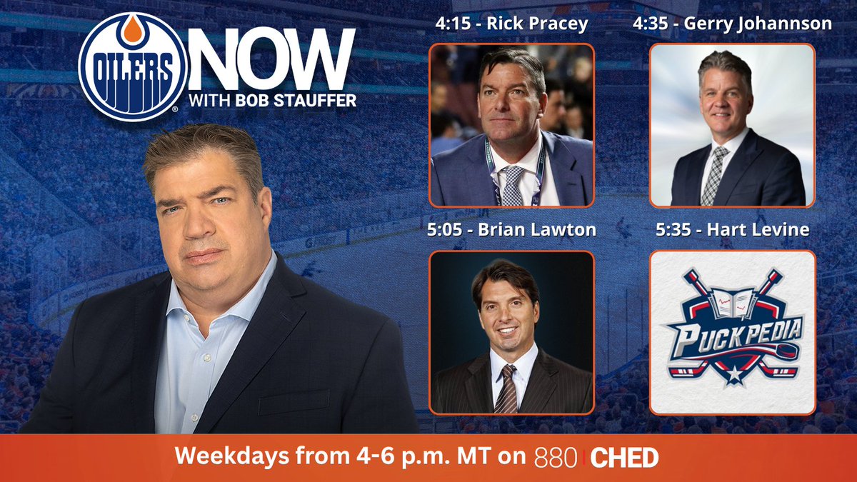 Oilers Now with Bob Stauffer (@oilersnow) on Twitter photo Join <a href="/Bob_Stauffer/">Bob Stauffer</a> tonight on <a href="/CHED880/">880CHED</a> from 4-6 p.m. MT for a busy show 📻
🏒#Oilers Director of Amateur Scouting Rick Pracey
🏒<a href="/TSC_Hockey/">The Sports Corporation</a>'s Gerry Johannson
🏒 <a href="/brianlawton9/">Brian Lawton</a>
🏒 <a href="/PuckPedia/">PuckPedia</a>'s Hart Levine
Call or text us at 780-451-8800 ☎️&📲
🎧: player.880ched.com Join <a href="/Bob_Stauffer/">Bob Stauffer</a> tonight on <a href="/CHED880/">880CHED</a> from 4-6 p.m. MT for a busy show 📻
🏒#Oilers Director of Amateur Scouting Rick Pracey
🏒<a href="/TSC_Hockey/">The Sports Corporation</a>'s Gerry Johannson
🏒 <a href="/brianlawton9/">Brian Lawton</a>
🏒 <a href="/PuckPedia/">PuckPedia</a>'s Hart Levine
Call or text us at 780-451-8800 ☎️&📲
🎧: player.880ched.com