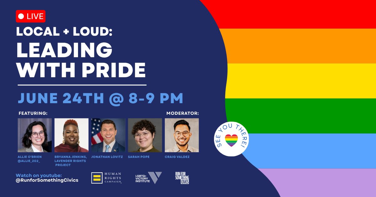 rfscivics's tweet image. ⏱️ TONIGHT.  @AllieO202 is going LIVE on YouTube to talk about how to show up in office as a member of the LGBTQIA+ community. 🗳 ⏰ 8PM 🔗 RSVP now: bit.ly/4eClKNz 

Don’t wait. This might be the push you need.

 #RunForSomething #CountdownToCivicPower