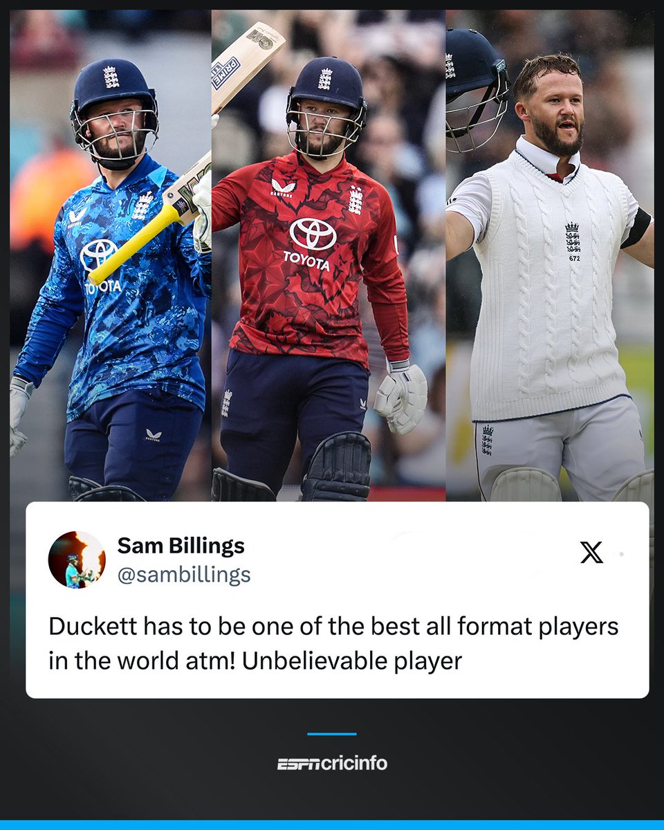 Ben Duckett in 2025: 

ODIs: 
◾ 9 Innings 
◾ 52.88 Average
◾ 1 Hundred, 3 Fifties 

T20Is: 
◾ 8 Innings 
◾ 168.25 Strike Rate
◾ 2 Fifties 

Tests: 
◾ 3 Innings 
◾ 117.00 Average
◾ 2 Hundreds, 1 Fifty 

Is he the best all-format opener in the world right now?