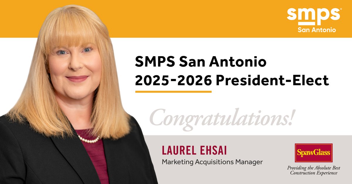 Please join us in congratulating SpawGlass Marketing Acquisitions Manager Laurel Ehsai on her new role as President-Elect of Society for Marketing Professional Services - SMPS San Antonio!  

#SGBuildsLeaders #SMPS #AECMarketing