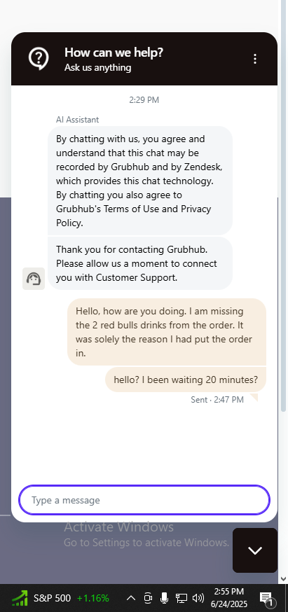 KierEnVtuber's tweet photo. is anyone working at @Grubhub @Grubhub_Care  ? almost 30 minutes waiting on the chat https://t.co/WcUNgpSsyn