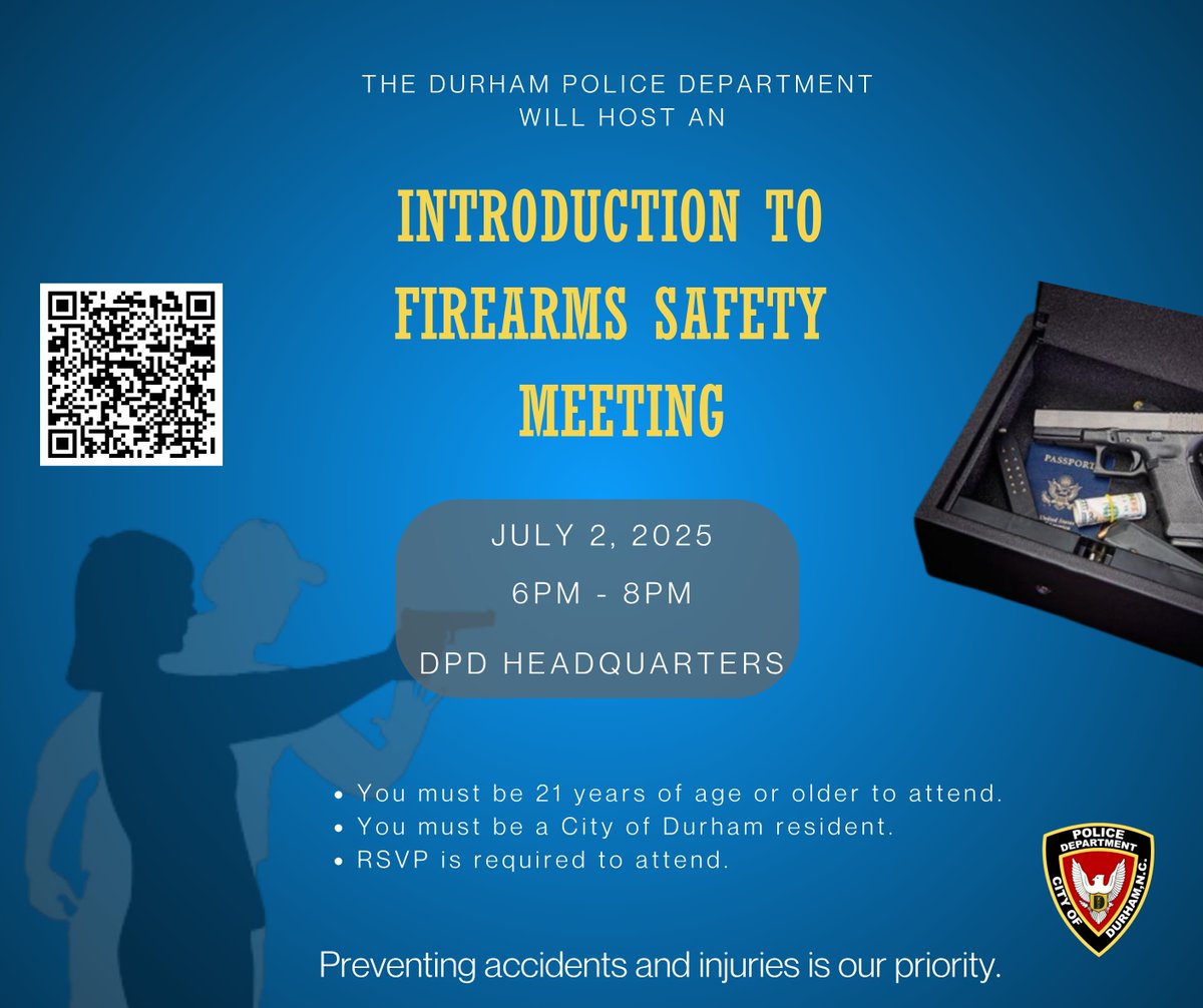 Durham PD invites City of Durham residents (21+) to an Intro to Firearms Safety informational session. Learn safe firearm handling &amp; storage.
✅ Must RSVP durhamnc.gov/FormCenter/Pol…
⚠️ No firearms handled. Not a substitute for formal training or ccw. 
#DurhamPD #SafetyFirst