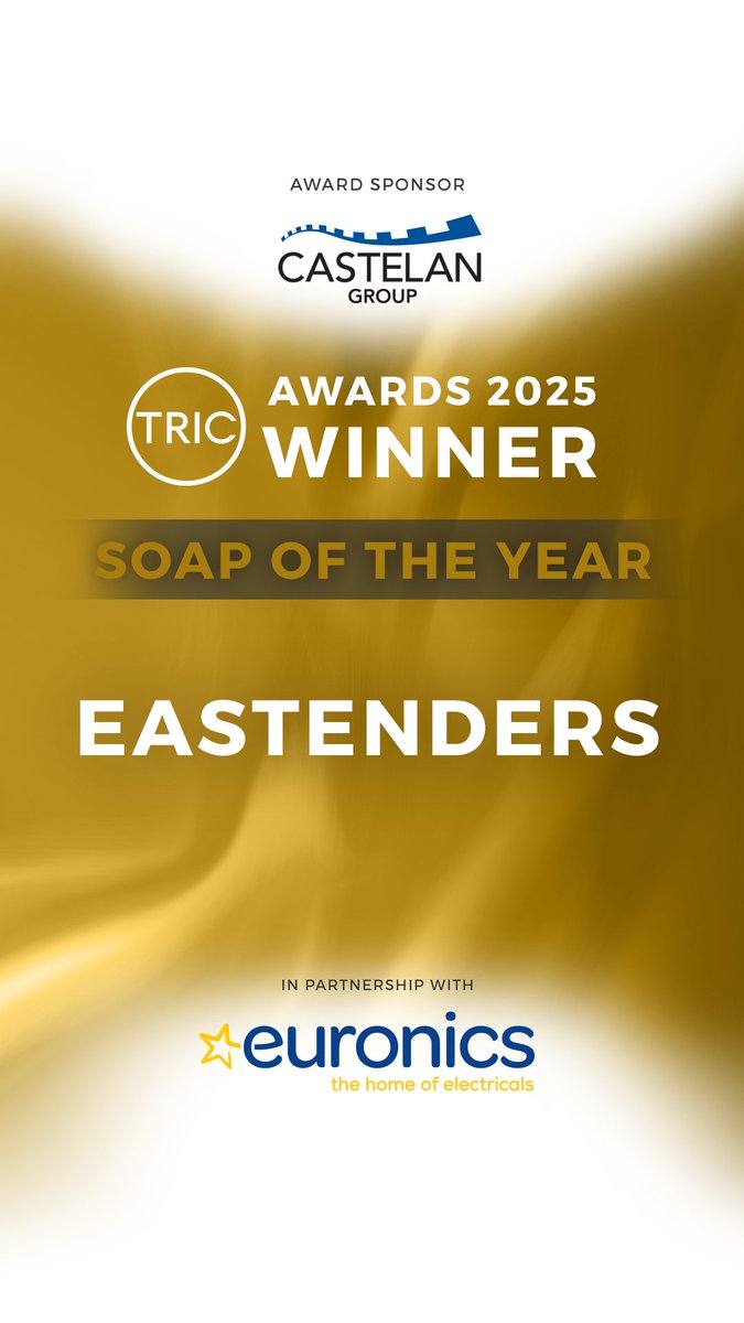TRICawards's tweet image. 2025 #TRICawards in partnership with @euronics_UK

🏆 Congratulations @bbceastenders
⭐️ Soap of the Year
🙌 Sponsored by Castelan
➡️ tric.org.uk