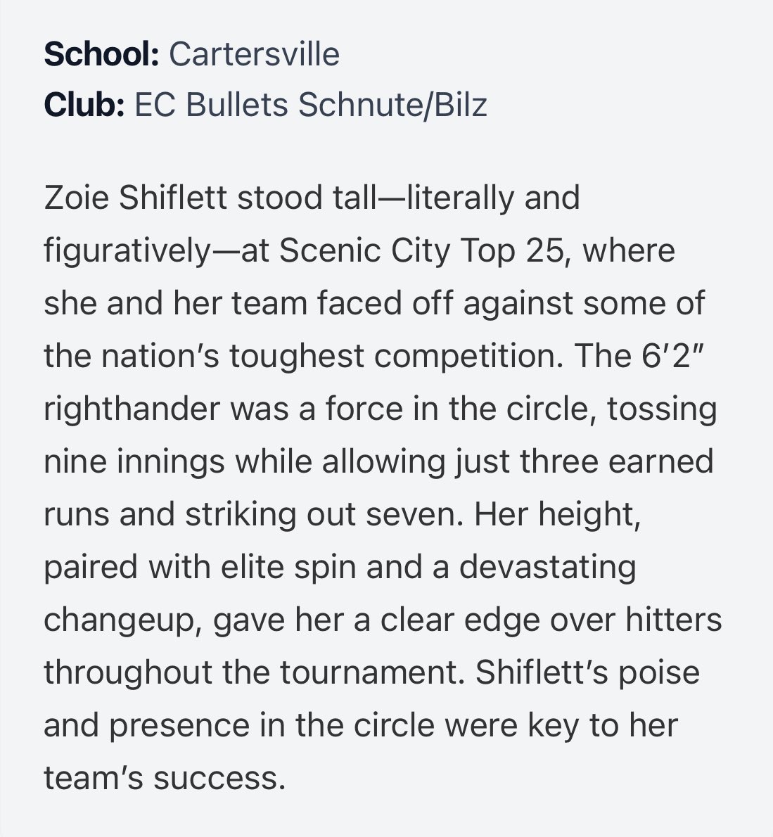 Zoie Shiflett (@zoieshiflett) on Twitter photo Thank you <a href="/PrepSoftball/">Prep Softball 🥎</a> and <a href="/coach_emmag/">Emma Gaston</a> for selecting me as a Top 10 Performer for the 2027 class at the Scenic City <a href="/ConnectSports_/">Connect Sports</a> T25.
<a href="/EC05Bilz/">EC Bullets Schnute/Bilz 16u</a> <a href="/BilzJessica/">Jessica Bilz</a> <a href="/AllyHannaford/">Ally Hannaford</a> <a href="/SoftballDown/">Down South Softball</a> <a href="/D1Softball/">D1Softball</a> <a href="/IHartFastpitch/">I❤️Fastpitch</a> <a href="/ladycanessball/">CHS SOFTBALL</a> <a href="/KaylaLombardo11/">Kayla Lombardo</a> Thank you <a href="/PrepSoftball/">Prep Softball 🥎</a> and <a href="/coach_emmag/">Emma Gaston</a> for selecting me as a Top 10 Performer for the 2027 class at the Scenic City <a href="/ConnectSports_/">Connect Sports</a> T25.
<a href="/EC05Bilz/">EC Bullets Schnute/Bilz 16u</a> <a href="/BilzJessica/">Jessica Bilz</a> <a href="/AllyHannaford/">Ally Hannaford</a> <a href="/SoftballDown/">Down South Softball</a> <a href="/D1Softball/">D1Softball</a> <a href="/IHartFastpitch/">I❤️Fastpitch</a> <a href="/ladycanessball/">CHS SOFTBALL</a> <a href="/KaylaLombardo11/">Kayla Lombardo</a>