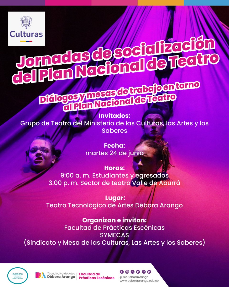 SYMECAS (@symecas) on Twitter photo Concluye la primera jornada de Socialización del Plan Decenal de Teatro con personal del <a href="/TecDeboraArango/">Tecnológico de Artes Débora Arango</a>, evento coordinado entre el Tecnológico, nuestro Sindicato y <a href="/teatromincultur/">Teatro MinCultura</a>.
A las 3 p.m. segunda jornada con artistas y ciudadanos del Valle del Aburrá Concluye la primera jornada de Socialización del Plan Decenal de Teatro con personal del <a href="/TecDeboraArango/">Tecnológico de Artes Débora Arango</a>, evento coordinado entre el Tecnológico, nuestro Sindicato y <a href="/teatromincultur/">Teatro MinCultura</a>.
A las 3 p.m. segunda jornada con artistas y ciudadanos del Valle del Aburrá