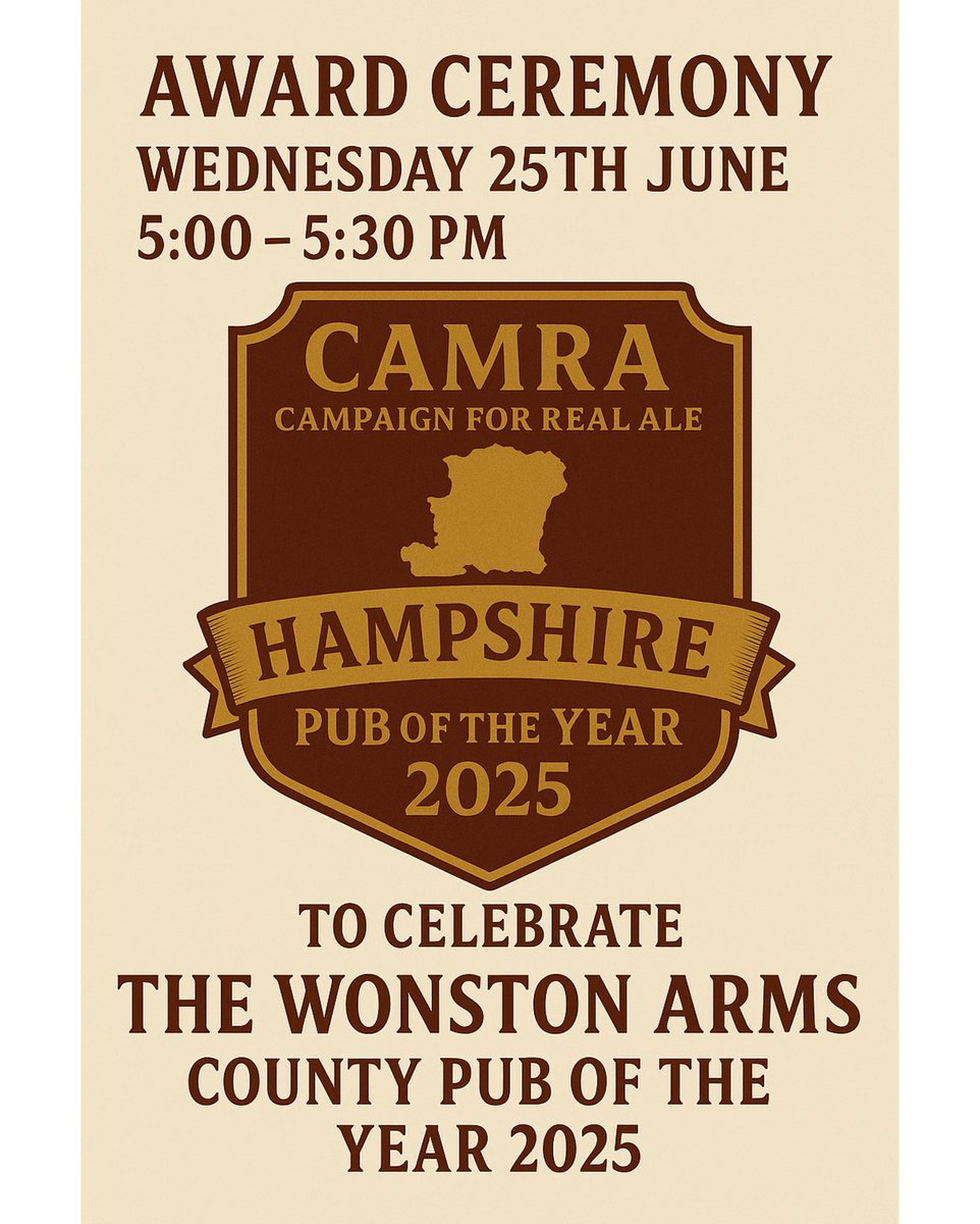 🏆 We’ve won! The Wonston Arms is CAMRA Hampshire County Pub of the Year 2025 🍻

Join us for the award presentation this Wed 25 June, 5–5:30pm at the pub. Quick ceremony, then pints &amp; chat with the local CAMRA chairman.

All welcome! #CAMRA #PubOfTheYear #TheWonstonArms