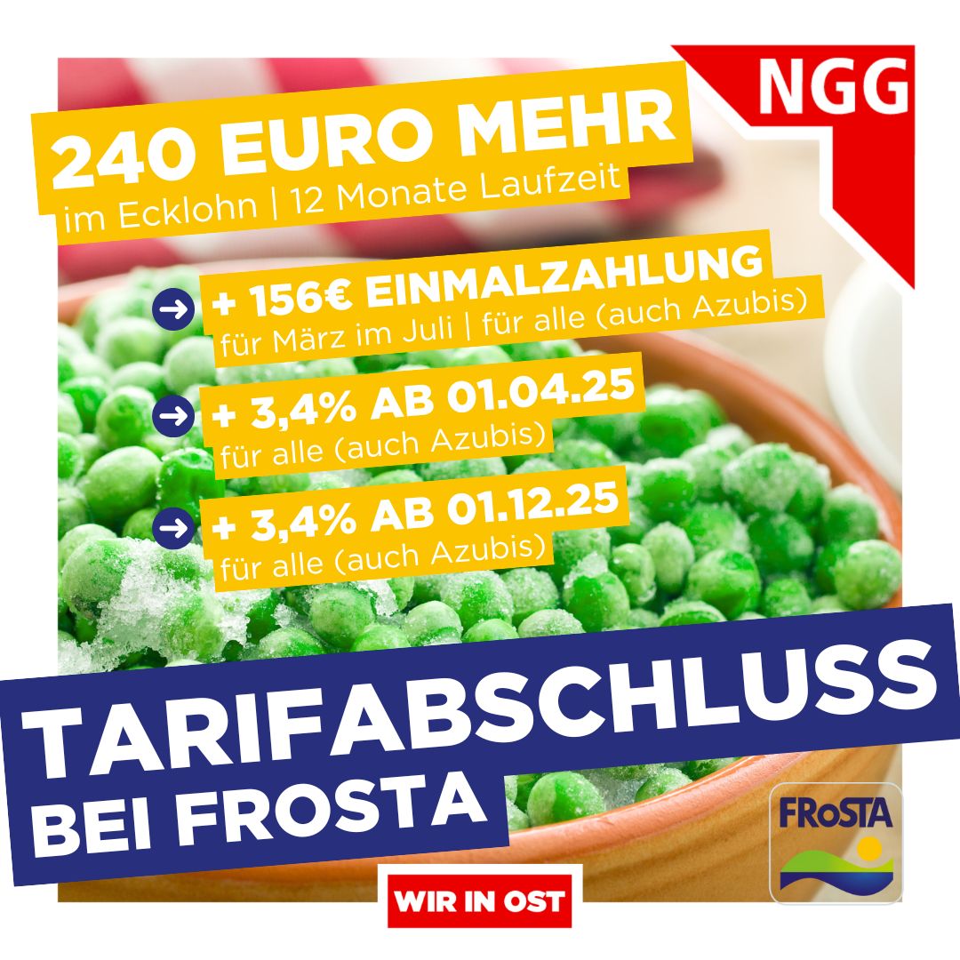 Starker Tarifabschluss beim FRoSTA Elbtal-Tiefkühlwerkes im sächsischen Lommatzsch. 
Die Beschäftigten meldeten sich zuvor mit einem sehr eindrucksvollem 24h-Streik zu Wort gemeldet. Nun ein Abschluss mit zweimal 3,4% Lohnerhöhung in einem Jahr! 
Mehr --&gt; ost.ngg.net/artikel/2025/s…