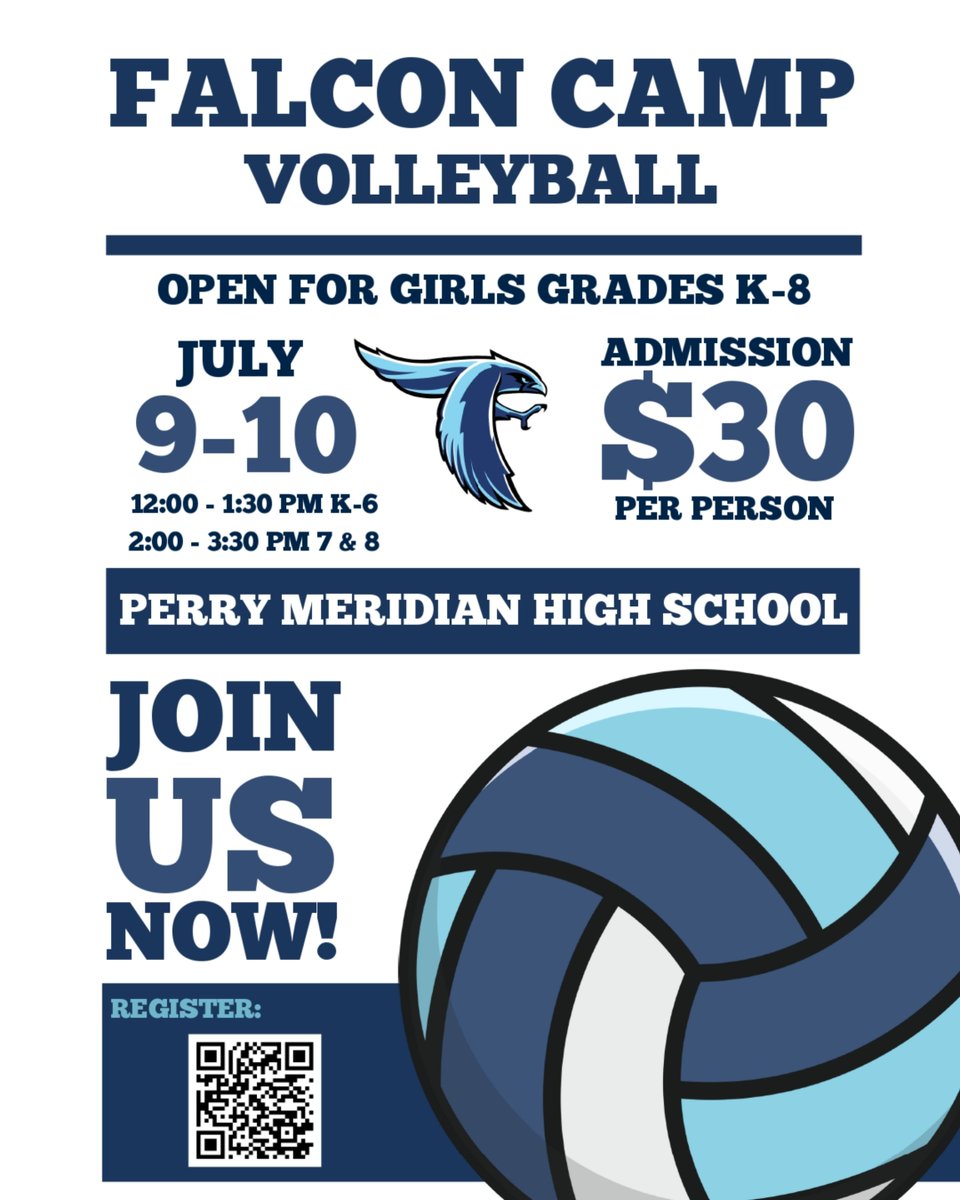 PMFalconSports's tweet image. 🏐 Falcon Volleyball Camp
📅 July 9–10 at Perry Meridian High School
👧 Open to girls in Grades K–8
🕛 K–6: 12:00–1:30 PM
🕑 7th & 8th: 2:00–3:30 PM
💲 Only $30 per camper
Don’t miss this chance to build skills, make friends, and have fun with the Falcon Volleyball program!