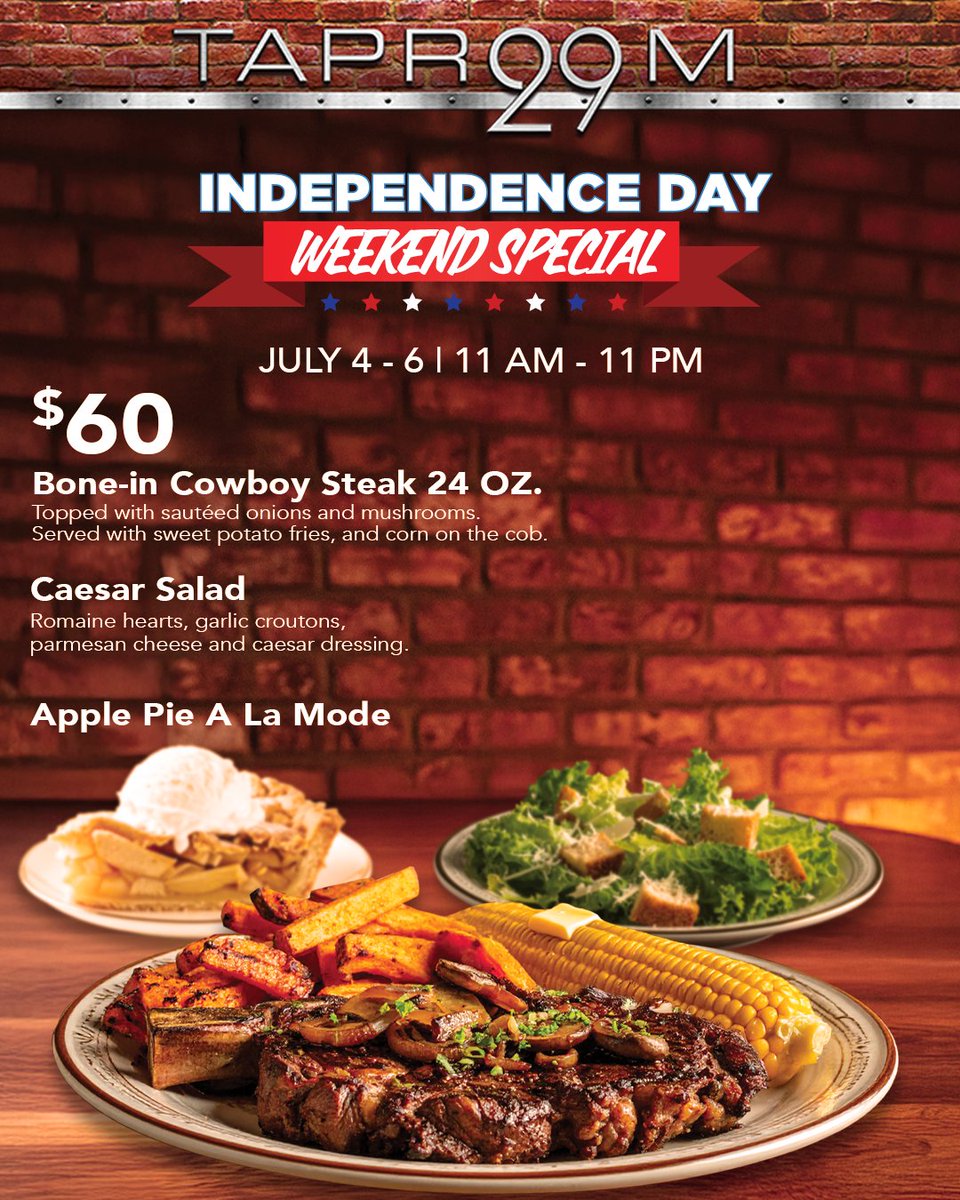 🇺🇸 Come hungry...our 4th of July specials are firing all day at Taproom 29 all weekend long July 4th-6th! 🔥🍻 

#4thofJuly #Taproom29 #Spotlight29Casino