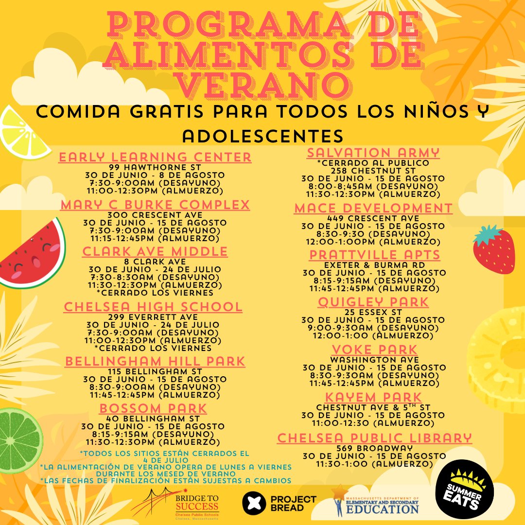The 2025 Chelsea Summer Eats program begins this Monday!

Free breakfast/lunch will be available for kids and teens throughout the summer in 13 locations in Chelsea.

Visit our website for more details about the locations, operating hours, menus &amp; more: bit.ly/25CPSSummerEats