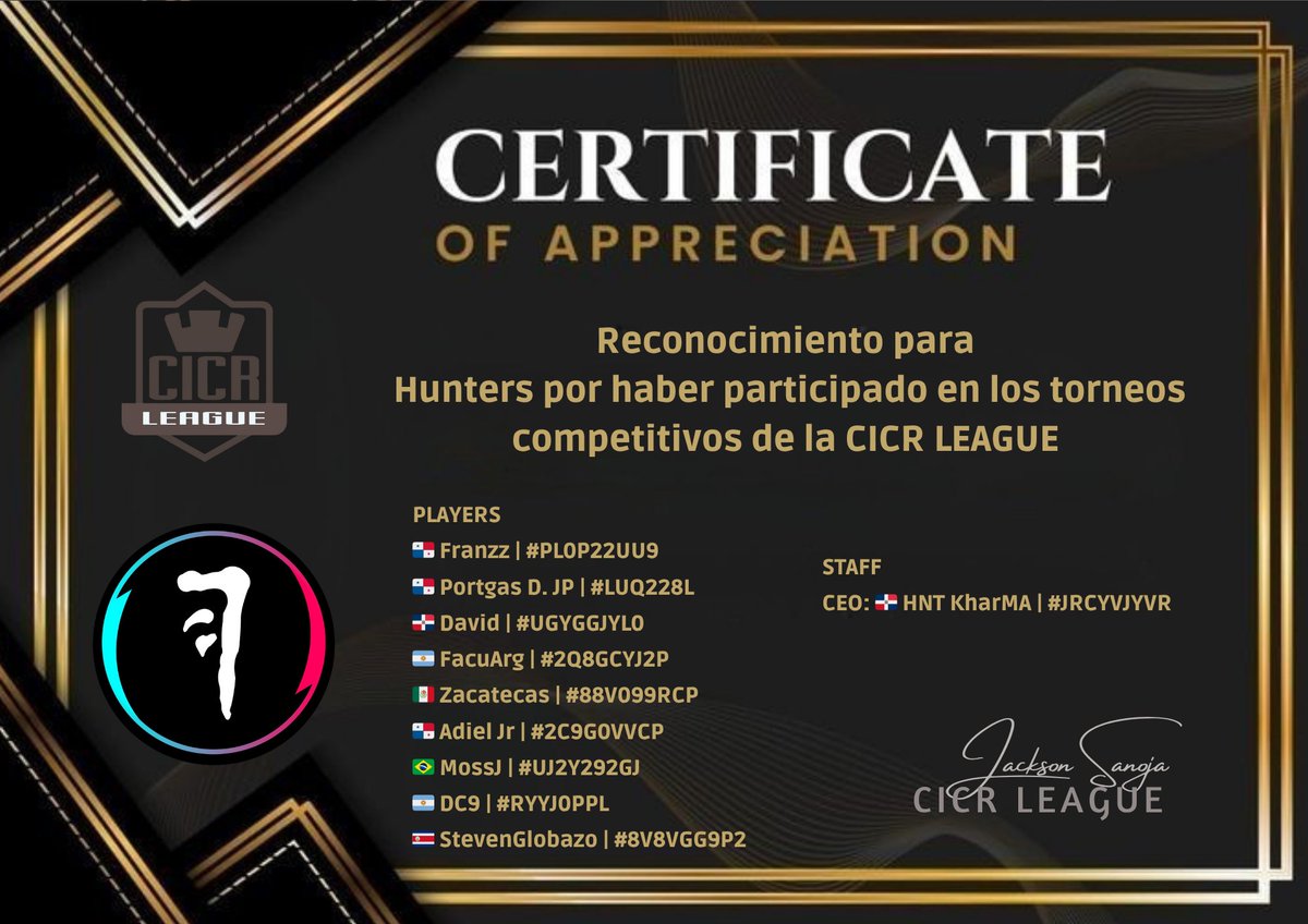 🏆 <a href="/clash_comu26150/">Comunidad Internacional Clash Royale</a>
🎖️Reconocimiento para
 <a href="/HuntersClub__/">Hunters🐊</a> por haber participado en la CICR LEAGUE.🔥🔥🔥

#Clashroyale #CRL #CICR #clash_comu26150