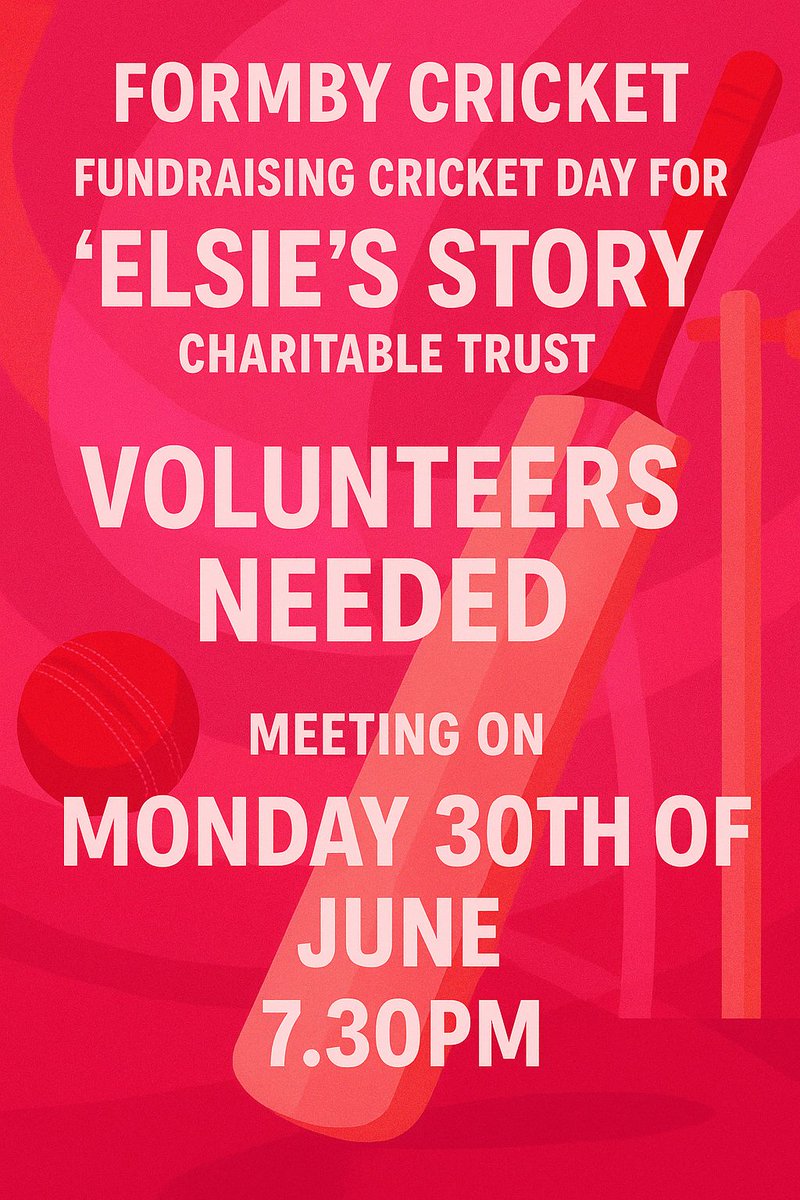 VOLUNTEERS NEEDED! On the 6th of July we are hosting a sixes cricket tournament to raise funds with Elsie’s Story. We need volunteers to help on the BBQ, entrance, raffles tickets, stalls and tidying  up. If you can help please attend the VOLUNTEER meeting at 7.30pm of June 30th