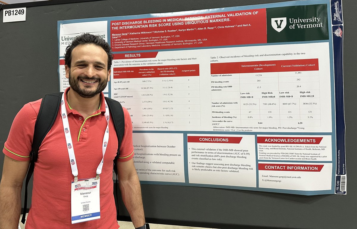 Mary Cushman 🫀🧠🩸 (@marycushmanmd) on Twitter photo Predicting post discharge bleeding in medical patients. Intermountain Risk Score not validated in this study by <a href="/Mansourgergi/">Mansour Gergi MD</a> from <a href="/UVMDeptMed/">UVM Department of Medicine</a>
#ISTH2025 Predicting post discharge bleeding in medical patients. Intermountain Risk Score not validated in this study by <a href="/Mansourgergi/">Mansour Gergi MD</a> from <a href="/UVMDeptMed/">UVM Department of Medicine</a>
#ISTH2025