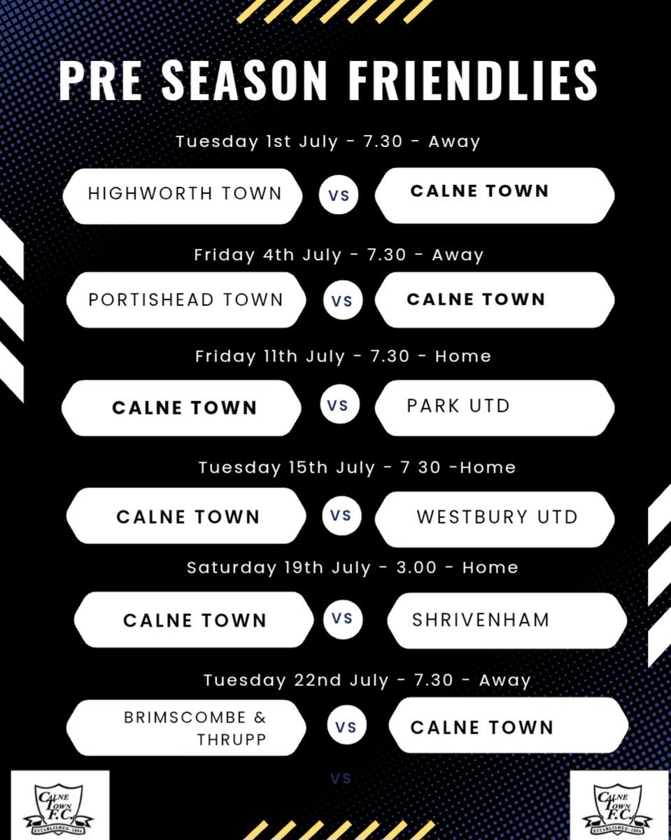 Calne Town FC (@calnetownfc) on Twitter photo Revised Pre-Season Friendlies
⚪️⚫️⚪️⚫️ Revised Pre-Season Friendlies
⚪️⚫️⚪️⚫️